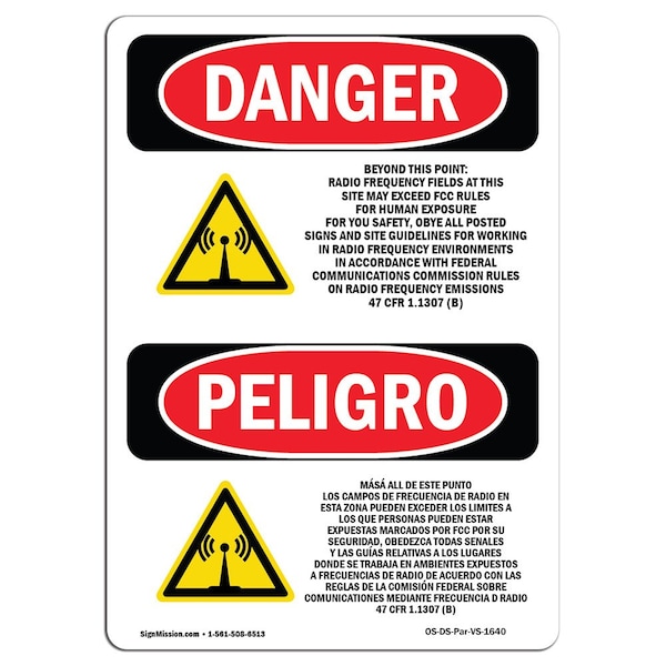 Safety Sign, OSHA Danger, 5" Height, Beyond This Point Radio Frequency Spanish, 10PK